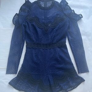 Saylor Lace Pattern Mock Neck SELF-PORTRAIT STYLE Navy Cocktail Cold Shol Romper
